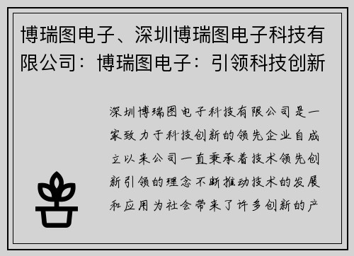 博瑞图电子、深圳博瑞图电子科技有限公司：博瑞图电子：引领科技创新的先锋